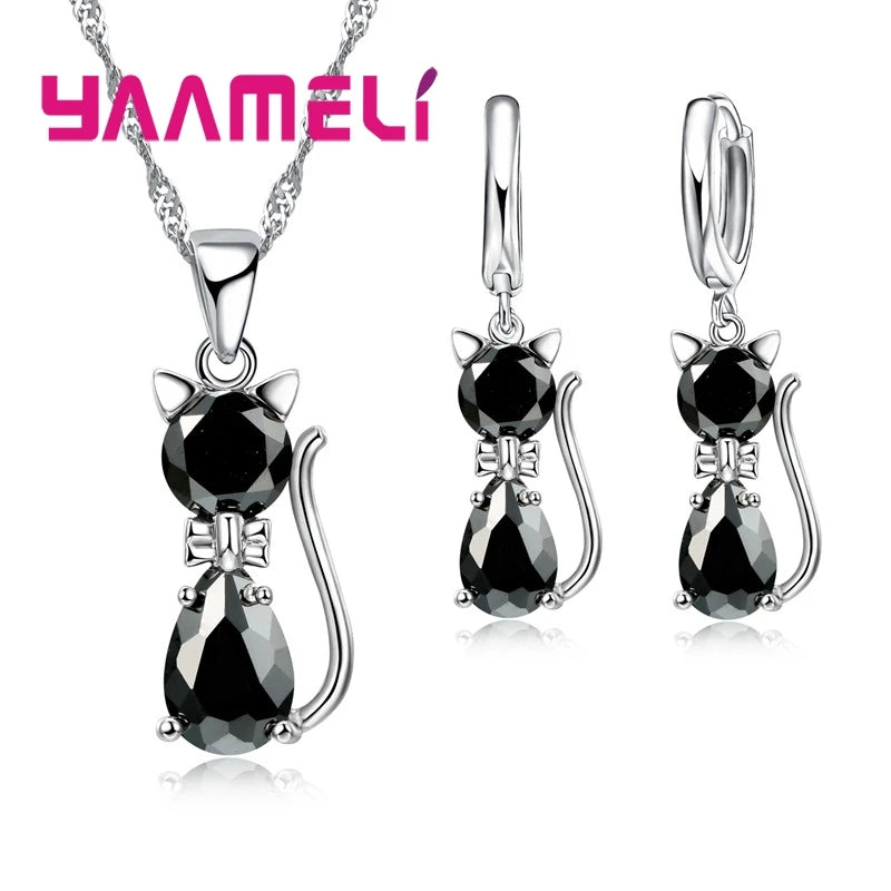 Jewelry Set - 925 Silver Cat Pendant Necklace Huggie Earring Set
