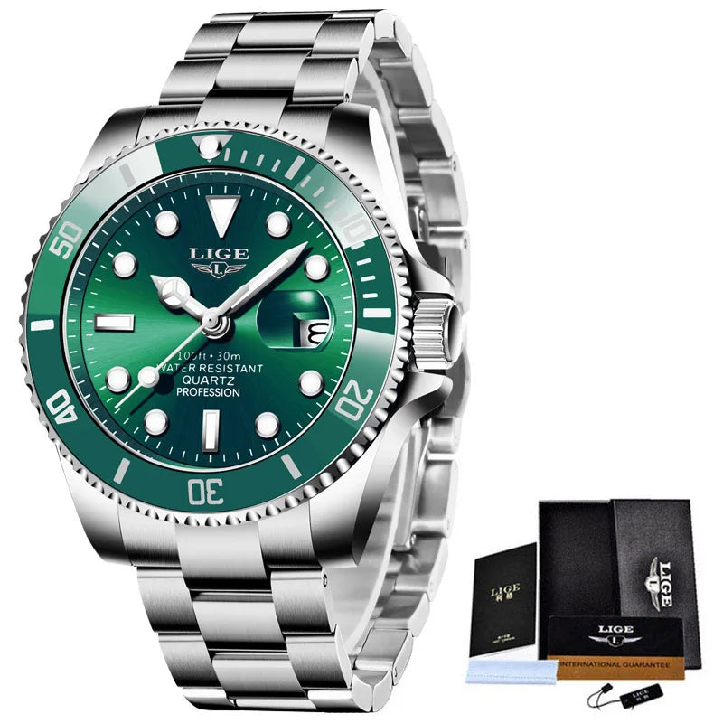 Montre de plongée de luxe LIGE pour homme, étanche à 30 ATM, avec date et affichage de la date. Montre-bracelet à quartz pour homme.
