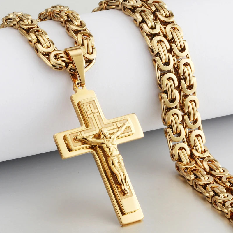 Collier crucifix pour homme - Croix orthodoxe du Christ, chaîne byzantine