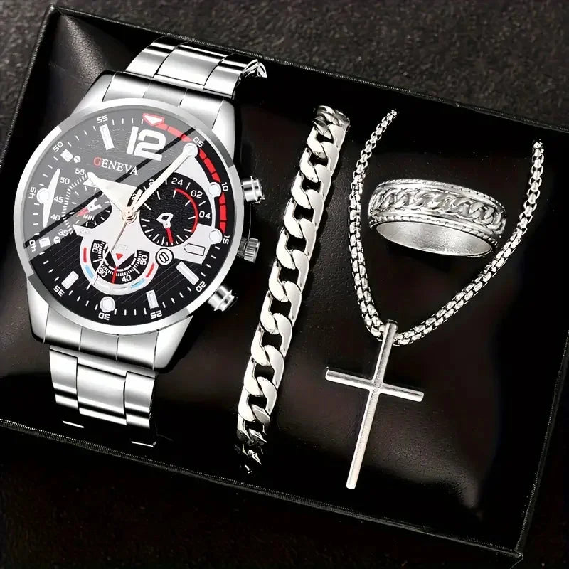 Men's Watch Set - 4pcs Gold Roman Calendar Watch Cross Necklace Bracelet Ring Set