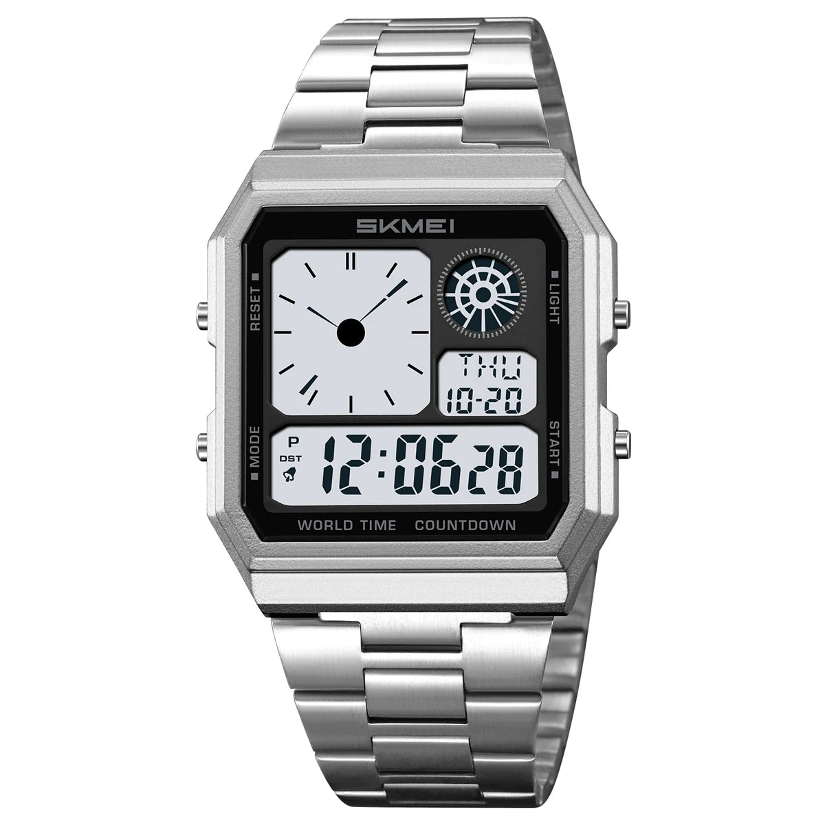 ساعة سكمي الإلكترونية الرقمية العالمية للرجال والنساء مقاومة للماء والرياضات الخارجية بسوار من الفولاذ المقاوم للصدأ ساعات يد للرجال