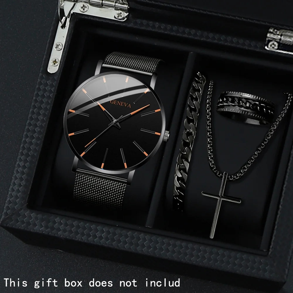 Men's Watch Set - 4pcs Casual Quartz Watch PU Leather Strap Gift Set