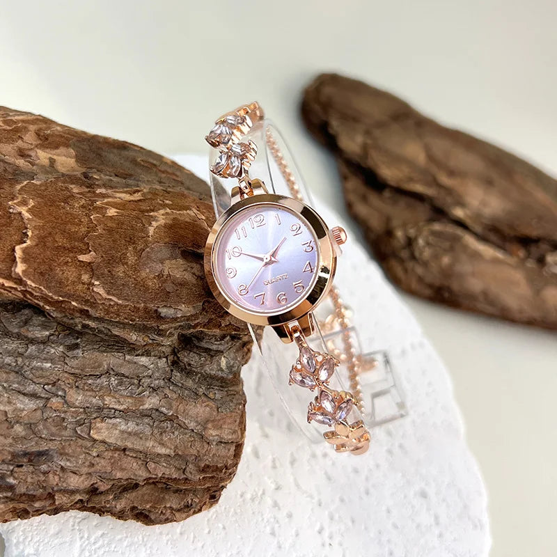 Montre à quartz pour femme - Bracelet en diamant feuille, montre élégante