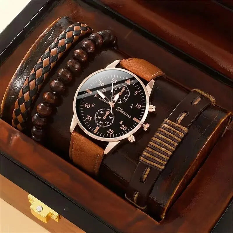 Men's Watch Set - Luxury Bracelet Brown Leather Quartz Watch Gift Set