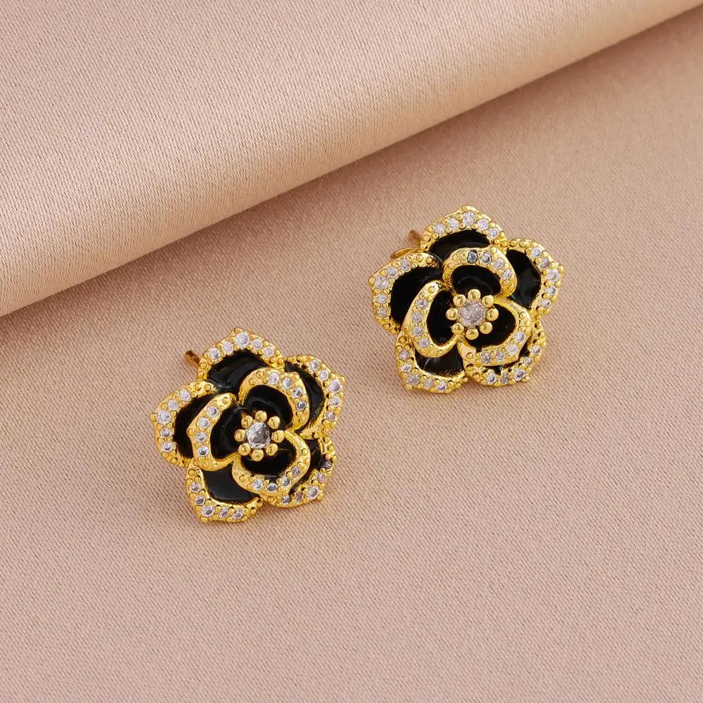 Ensemble de bijoux - Collier et boucles d'oreilles pendentif rose noire en acier inoxydable