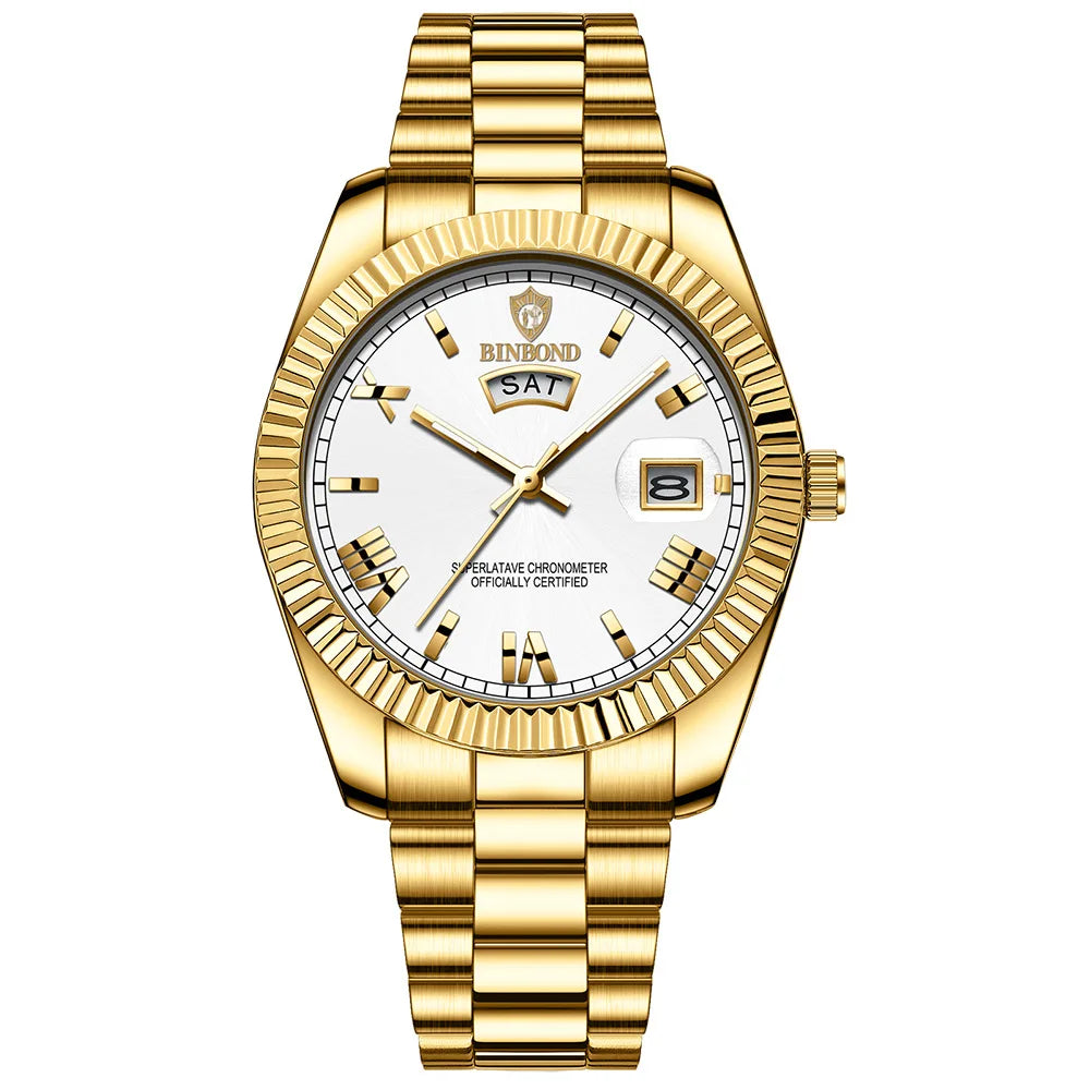 ساعة BINBOND B0733 للرجال فاخرة مقاومة للماء بتقويم مزدوج وإضاءة ليلية من الفولاذ المقاوم للصدأ كوارتز للرجال