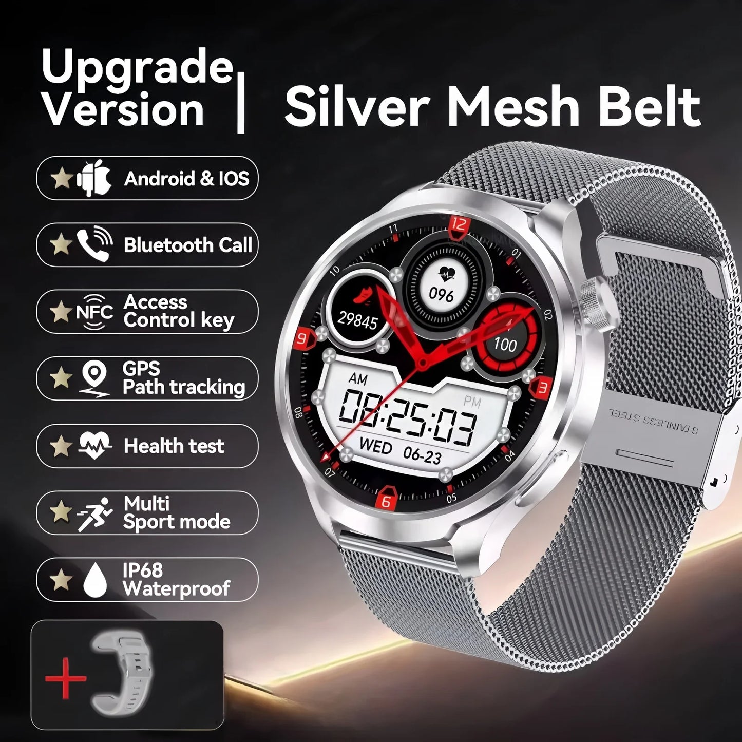 ساعة ذكية رياضية مزودة بنظام تحديد المواقع العالمي (GPS) - شاشة AMOLED مقاس 1.85 بوصة، وجهاز مراقبة معدل ضربات القلب وضغط الدم