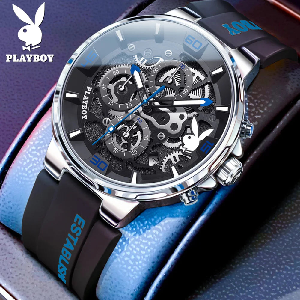 Montre de luxe originale PLAYBOY pour homme, bracelet en silicone, mouvement à quartz, étanche, lumineuse, idéale pour le sport.