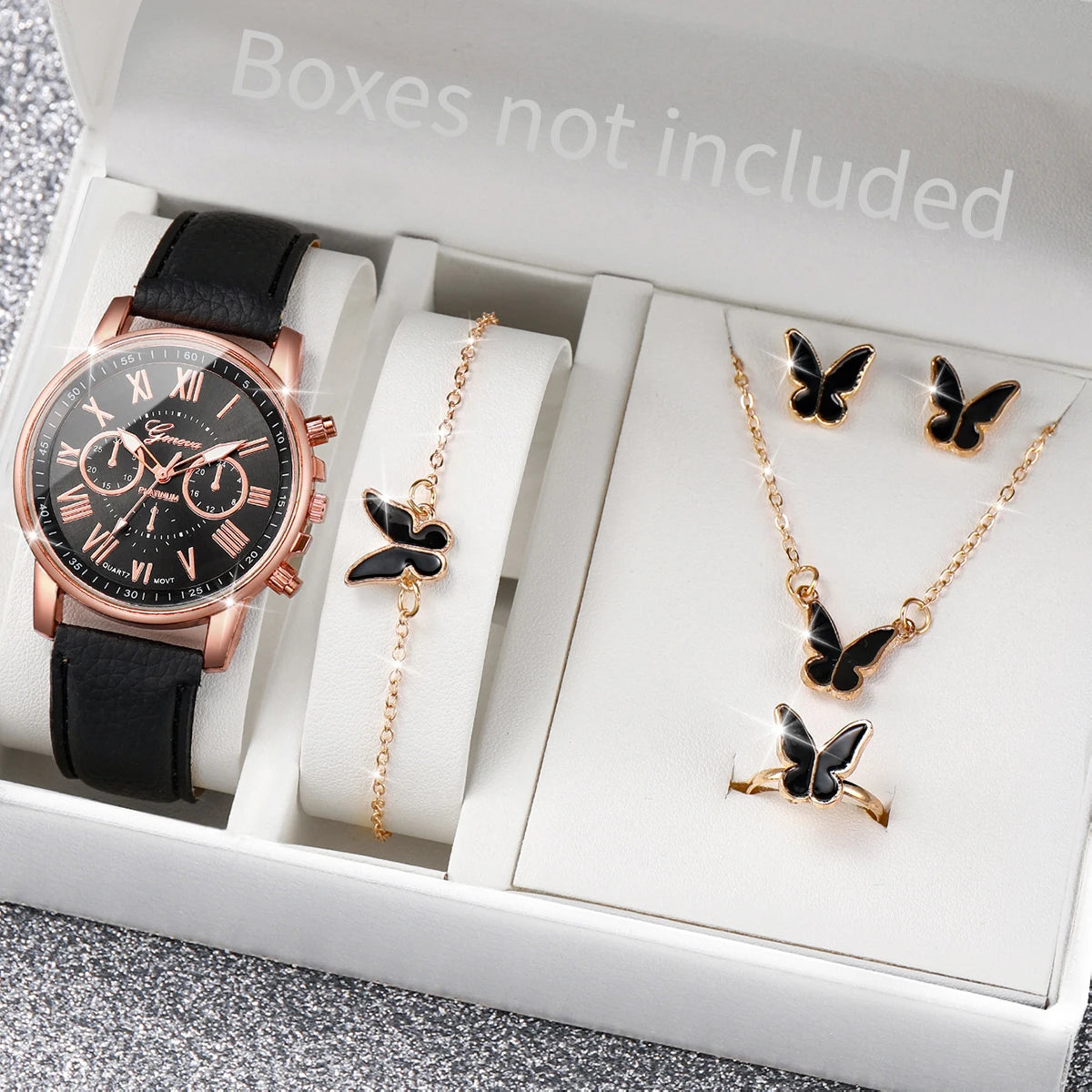 Women's Watch Set - 5/6pcs Heart Rhinestone Leather Band Watches