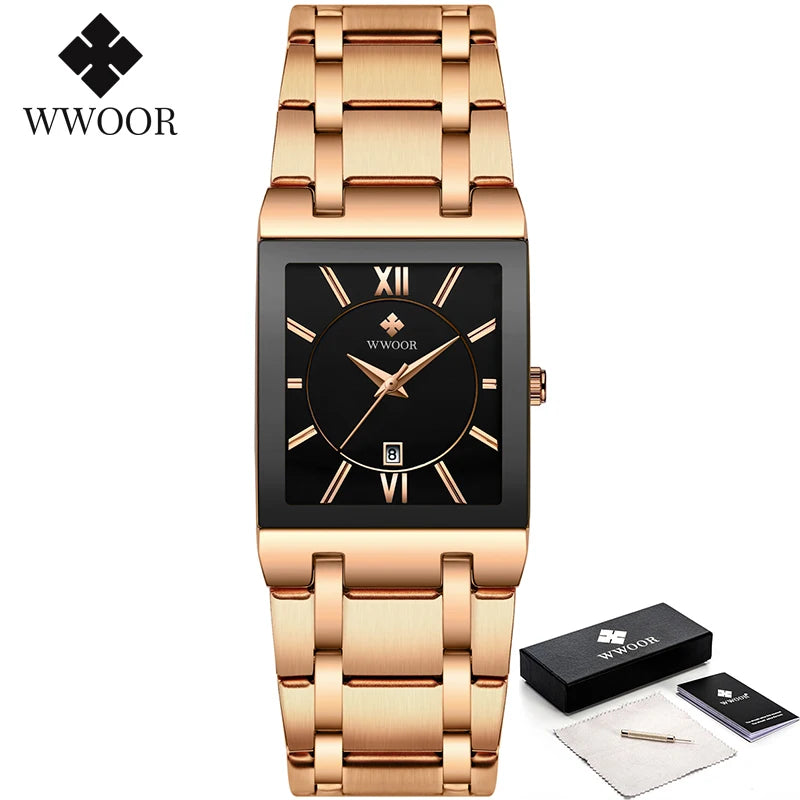 ساعة Relogio Masculino WWOOR الذهبية للرجال، ساعات رجالية مربعة من أفضل العلامات التجارية الفاخرة، كوارتز ذهبي من الفولاذ المقاوم للصدأ، ساعة معصم مقاومة للماء