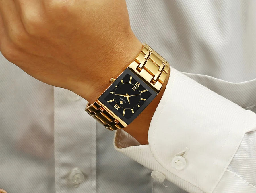 ساعة Relogio Masculino WWOOR الذهبية للرجال، ساعات رجالية مربعة من أفضل العلامات التجارية الفاخرة، كوارتز ذهبي من الفولاذ المقاوم للصدأ، ساعة معصم مقاومة للماء