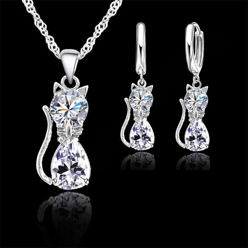 Jewelry Set - 925 Silver Cat Pendant Necklace Huggie Earring Set
