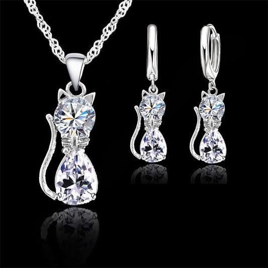 Jewelry Set - 925 Silver Cat Pendant Necklace Huggie Earring Set
