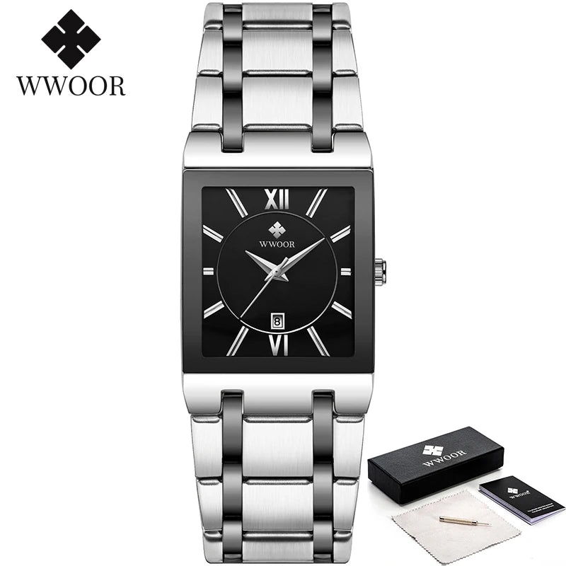 ساعة Relogio Masculino WWOOR الذهبية للرجال، ساعات رجالية مربعة من أفضل العلامات التجارية الفاخرة، كوارتز ذهبي من الفولاذ المقاوم للصدأ، ساعة معصم مقاومة للماء