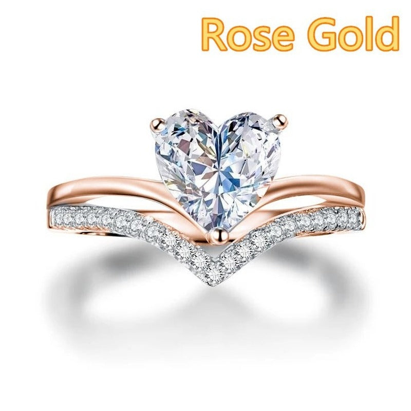 Heart Ring Set - Silver Zircon Bridal Engagement Wedding Rings