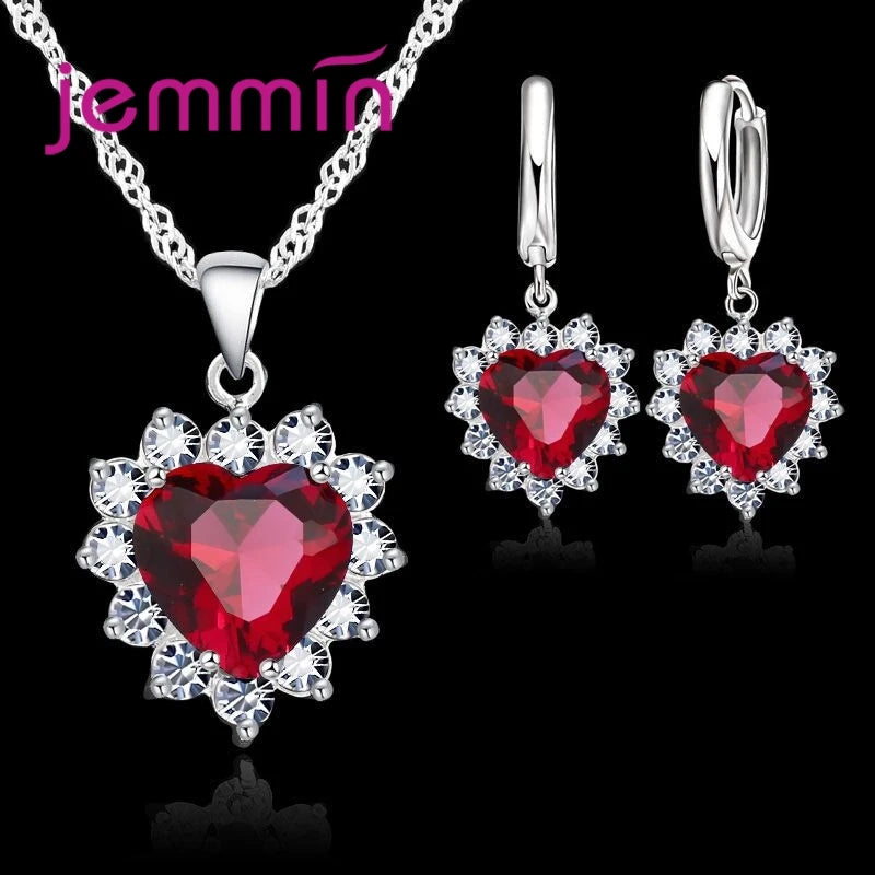 Jewelry Set - 925 Silver Heart Pendant Hoop Earrings Wedding Gift Set