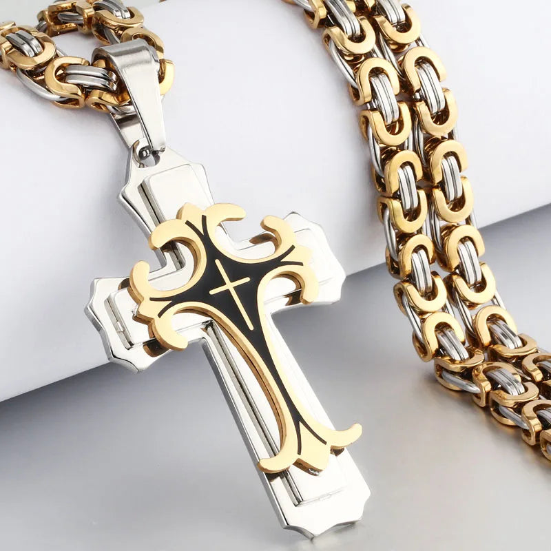 Collier croix pour homme - Croix latine chrétienne de la Trinité en acier inoxydable