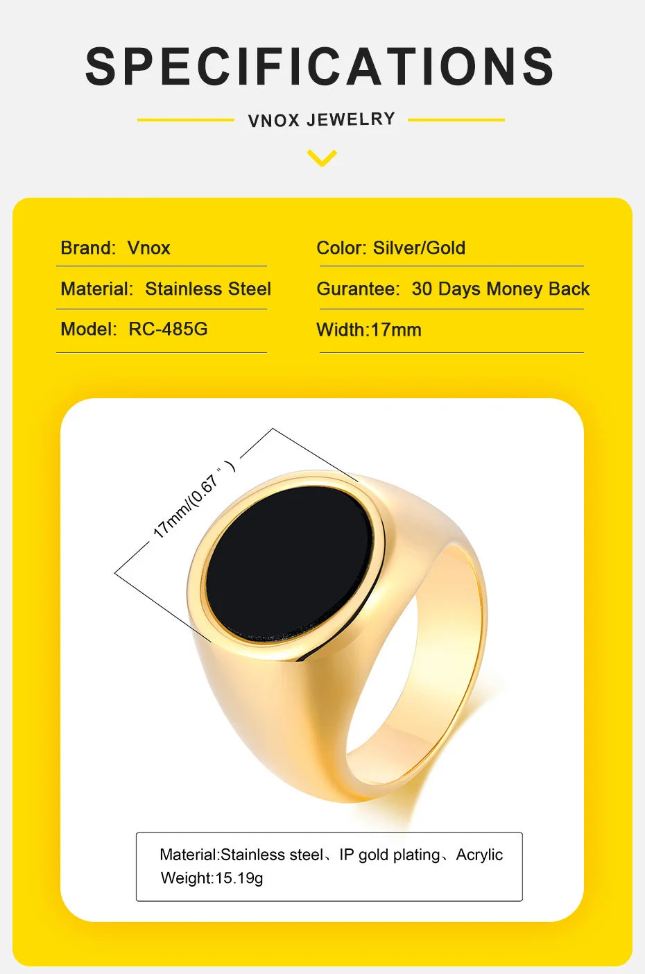 خاتم رجالي - خاتم Vnox مربع الشكل من الفولاذ المقاوم للصدأ