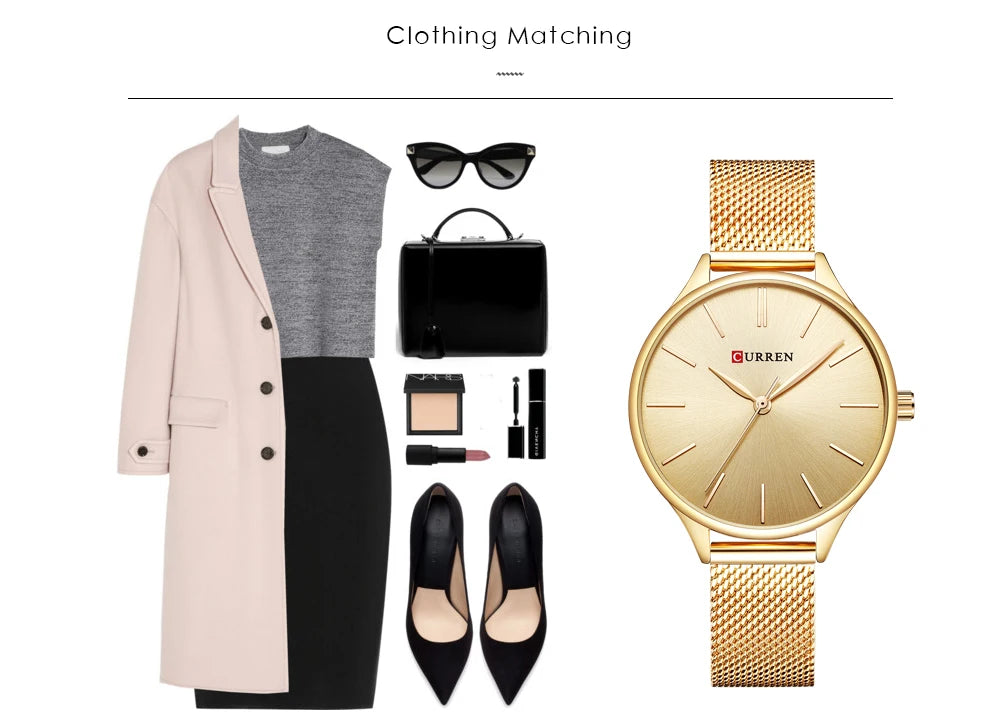 ساعة CURREN النسائية - ساعة كوارتز فاخرة بمينا غير لامع وحزام شبكي