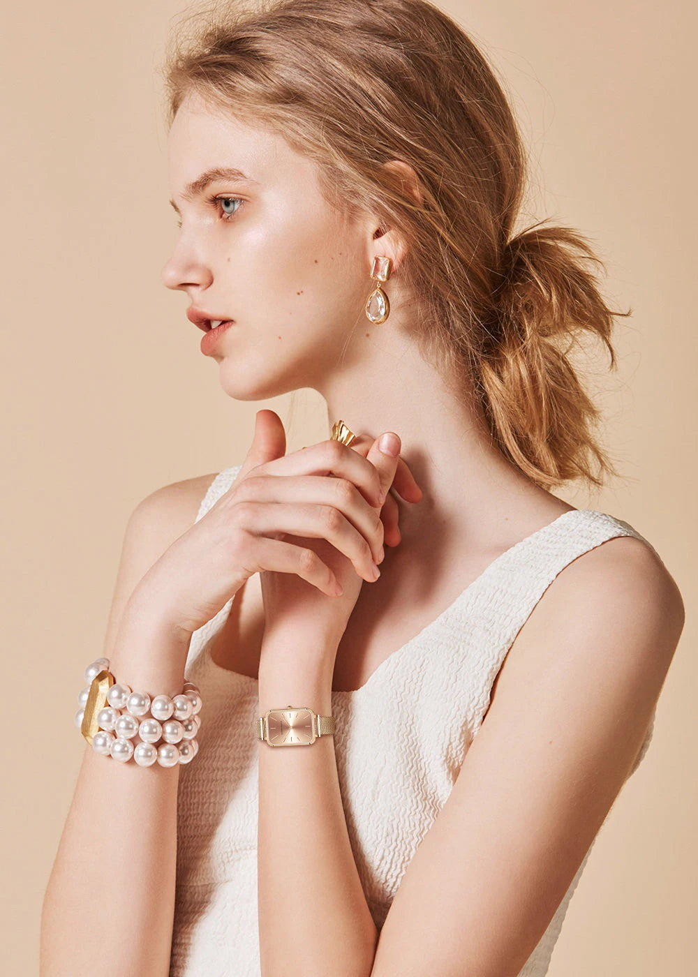 ساعة نسائية - ساعة كوارتز مستطيلة بسوار شبكي نورديك