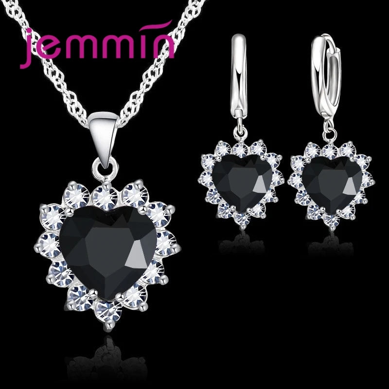 Jewelry Set - 925 Silver Heart Pendant Hoop Earrings Wedding Gift Set