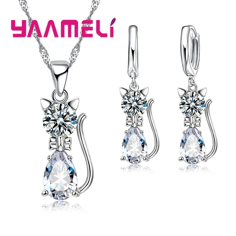 Jewelry Set - 925 Silver Cat Pendant Necklace Huggie Earring Set
