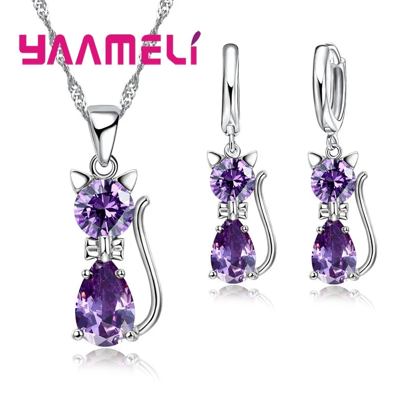 Jewelry Set - 925 Silver Cat Pendant Necklace Huggie Earring Set