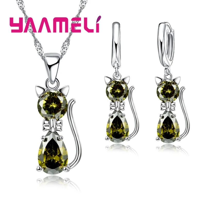 Jewelry Set - 925 Silver Cat Pendant Necklace Huggie Earring Set