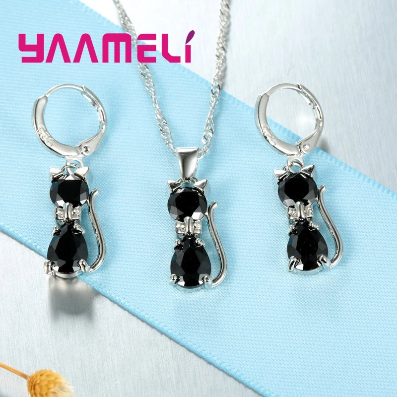 Jewelry Set - 925 Silver Cat Pendant Necklace Huggie Earring Set