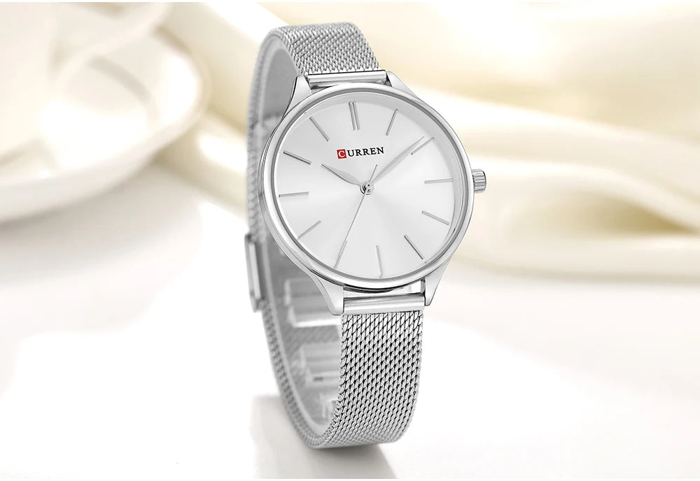 ساعة CURREN النسائية - ساعة كوارتز فاخرة بمينا غير لامع وحزام شبكي