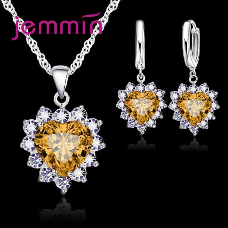 Jewelry Set - 925 Silver Heart Pendant Hoop Earrings Wedding Gift Set