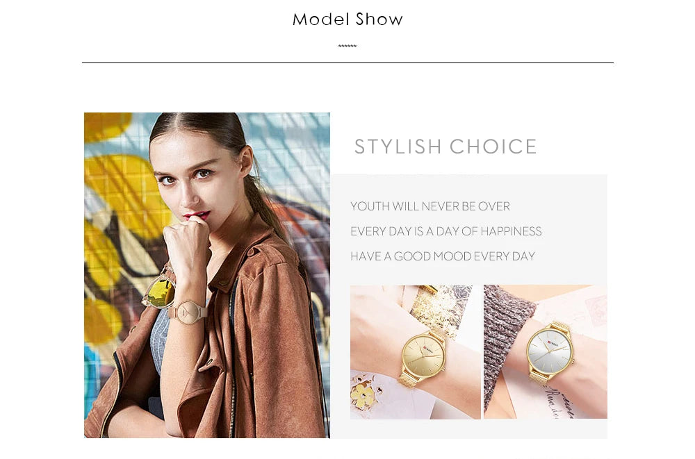 ساعة CURREN النسائية - ساعة كوارتز فاخرة بمينا غير لامع وحزام شبكي