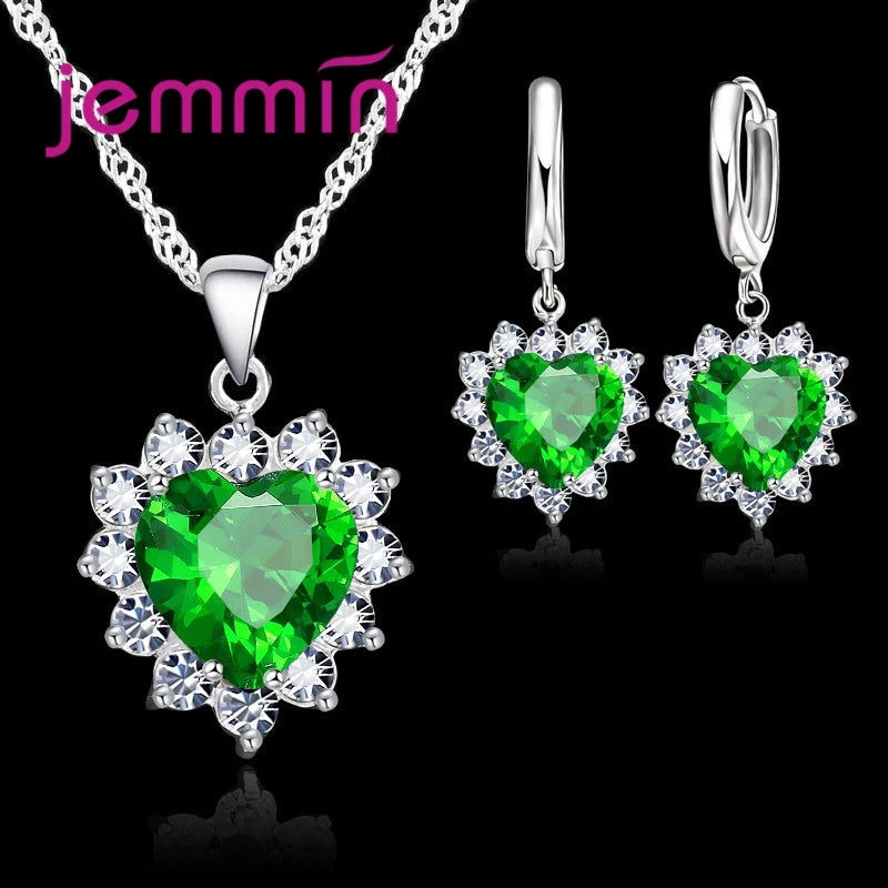 Jewelry Set - 925 Silver Heart Pendant Hoop Earrings Wedding Gift Set
