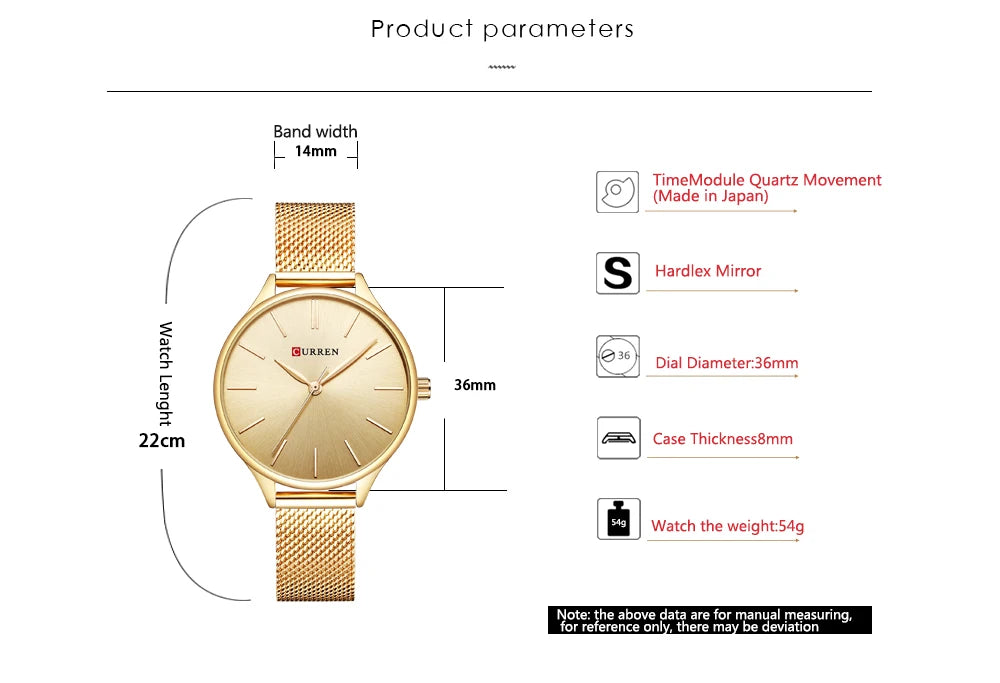 ساعة CURREN النسائية - ساعة كوارتز فاخرة بمينا غير لامع وحزام شبكي
