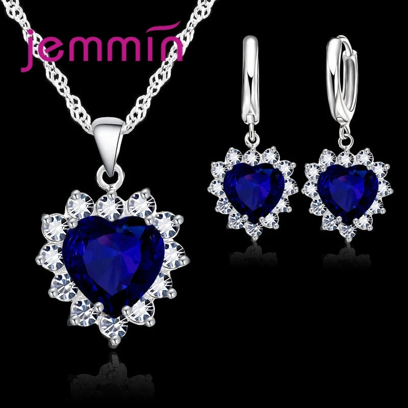 Jewelry Set - 925 Silver Heart Pendant Hoop Earrings Wedding Gift Set
