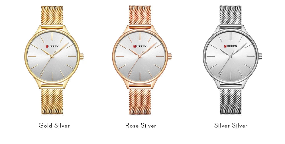 ساعة CURREN النسائية - ساعة كوارتز فاخرة بمينا غير لامع وحزام شبكي