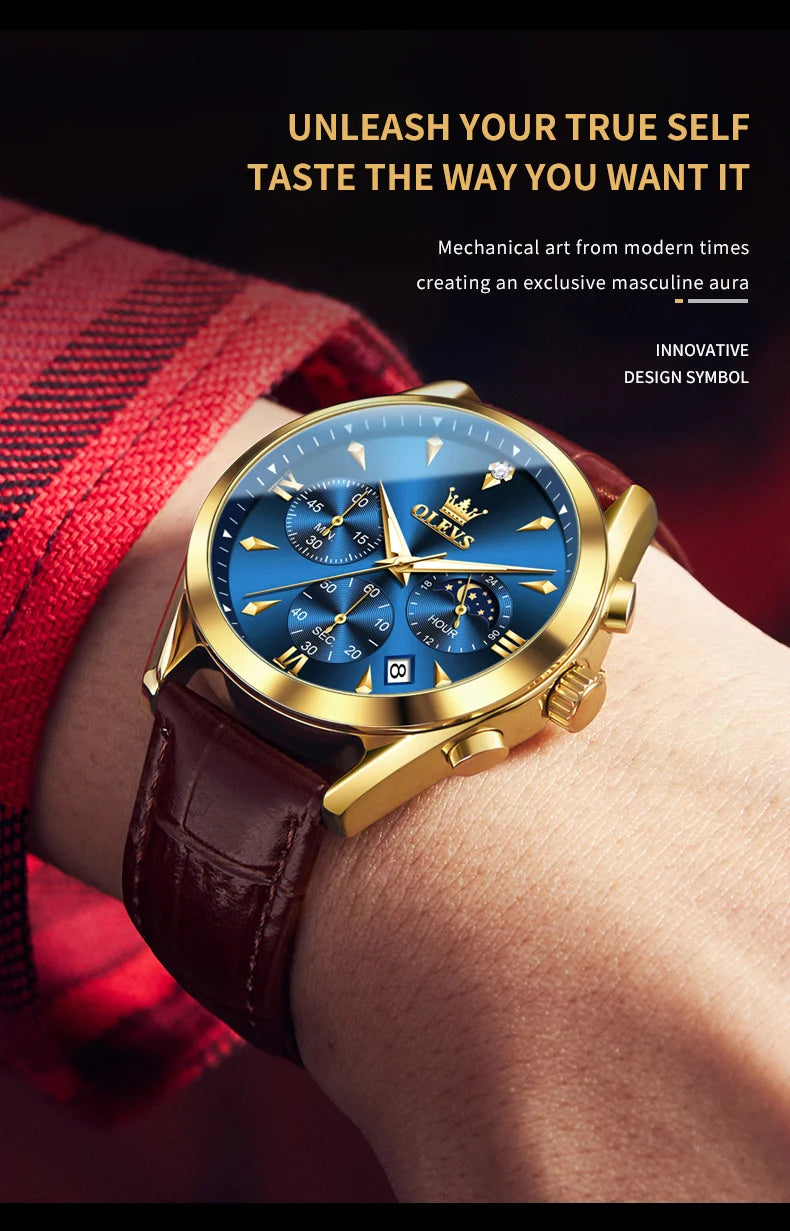 ساعة OLEVS 3609 الأصلية كرونوغراف بمرحلة القمر للرجال بحزام جلدي مقاوم للماء ومضيئة من ماركة فاخرة ساعات معصم كوارتز للرجال