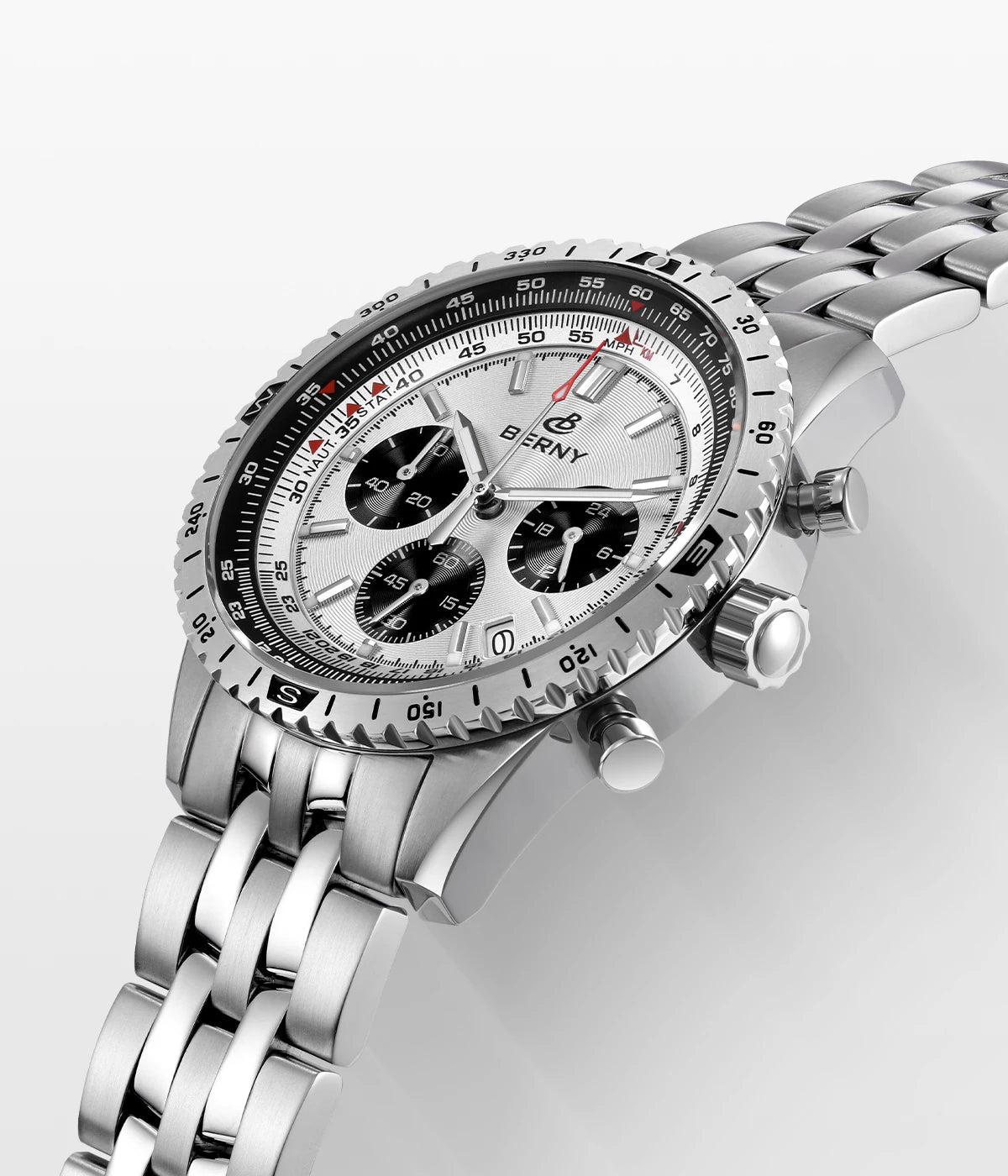 Montre chronographe BERNY pour homme, montre de pilote d'aviation multifonction à quartz avec date, verre saphir et luminescence intense. Montre-bracelet de luxe.