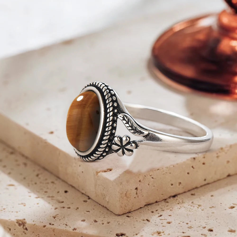 خاتم عين النمر - خاتم إصبع السبابة من الفضة 925 بتصميم زهرة عتيقة