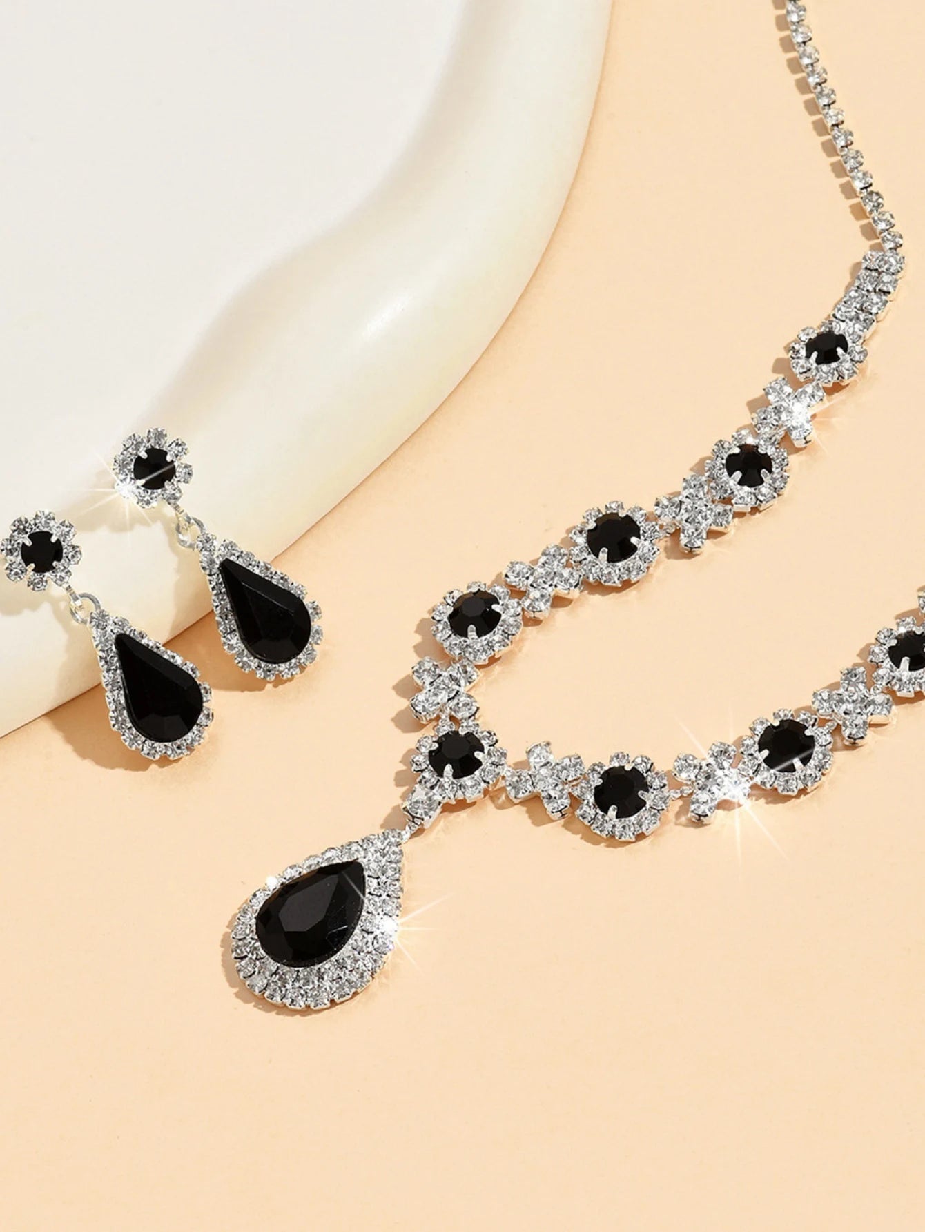 Jewelry Set - 3pcs Crystal Droplet Necklace Earrings Wedding Set