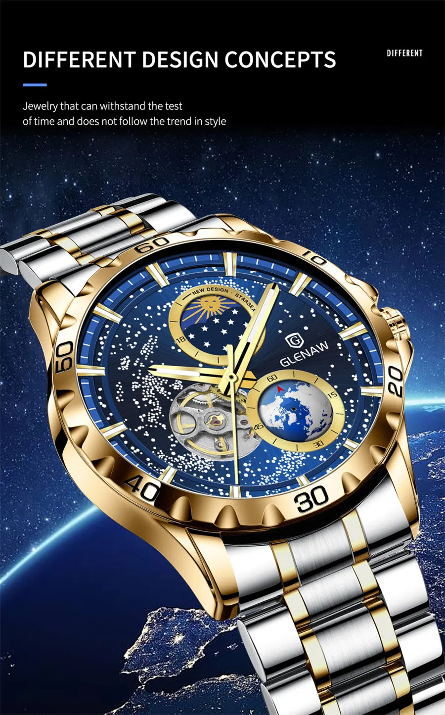 Montre-bracelet GLENAW à double trotteuse rotative pour homme, automatique, mécanique, ciel étoilé, acier inoxydable, bracelet en cuir, motif Terre étoilée