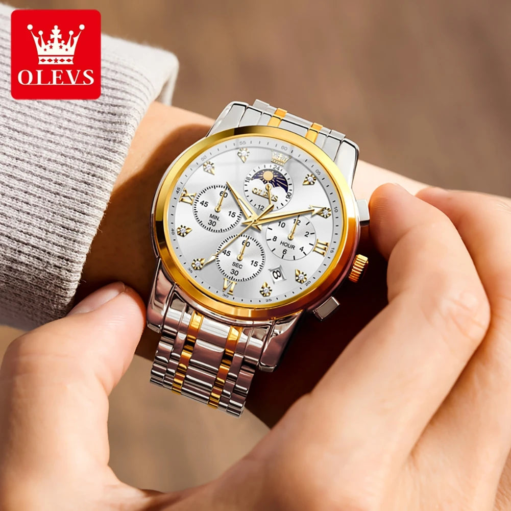 ساعة OLEVS 3655 Moon Phase Classic Three Eye Dial للرجال من الفولاذ المقاوم للصدأ للرجال بإبزيم الفراشة وساعة كوارتز مقاومة للماء