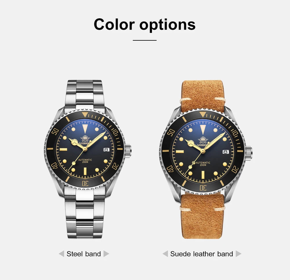 ساعة يد ADDIESDIVE Business Vintage Leather مقاومة للماء أوتوماتيكية ميكانيكية من الفولاذ للرجال ساعة كاجوال أوروبية أمريكية