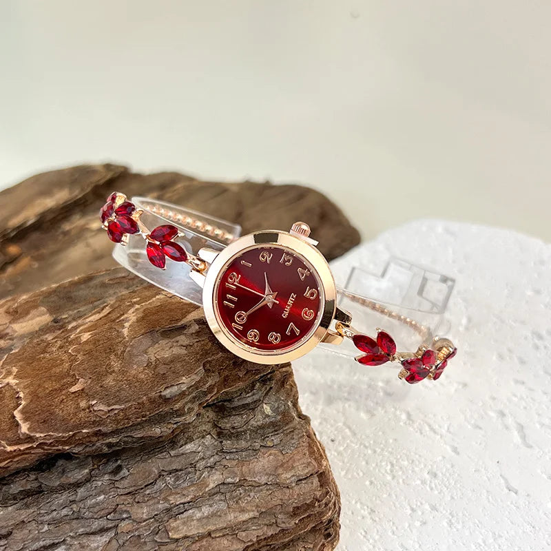 Montre à quartz pour femme - Bracelet en diamant feuille, montre élégante