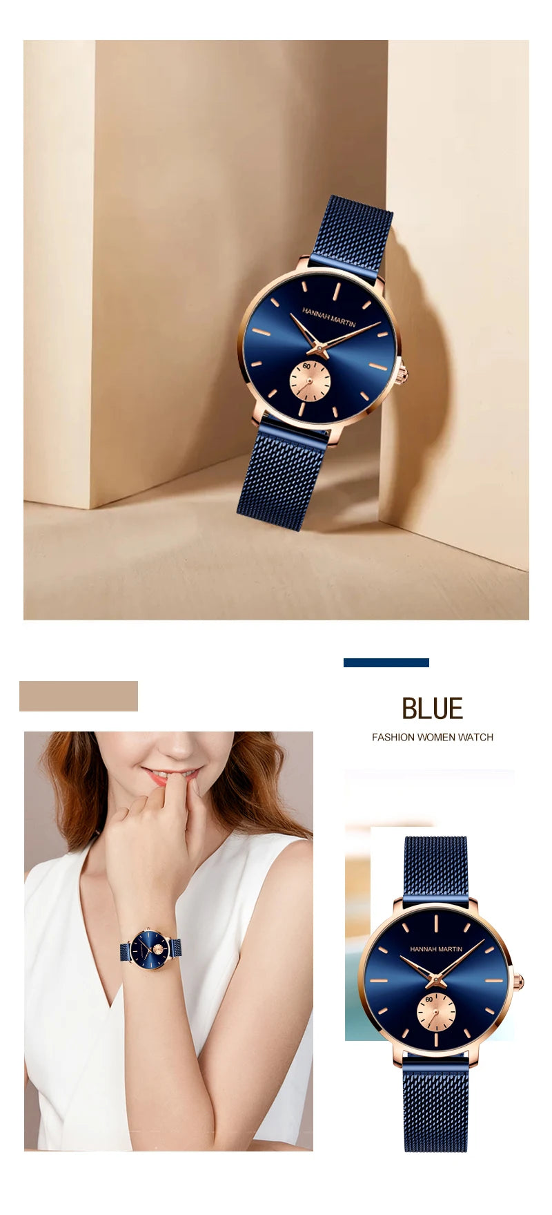 Montre femme Hannah Martin 2025 - Montre habillée en acier inoxydable et maille