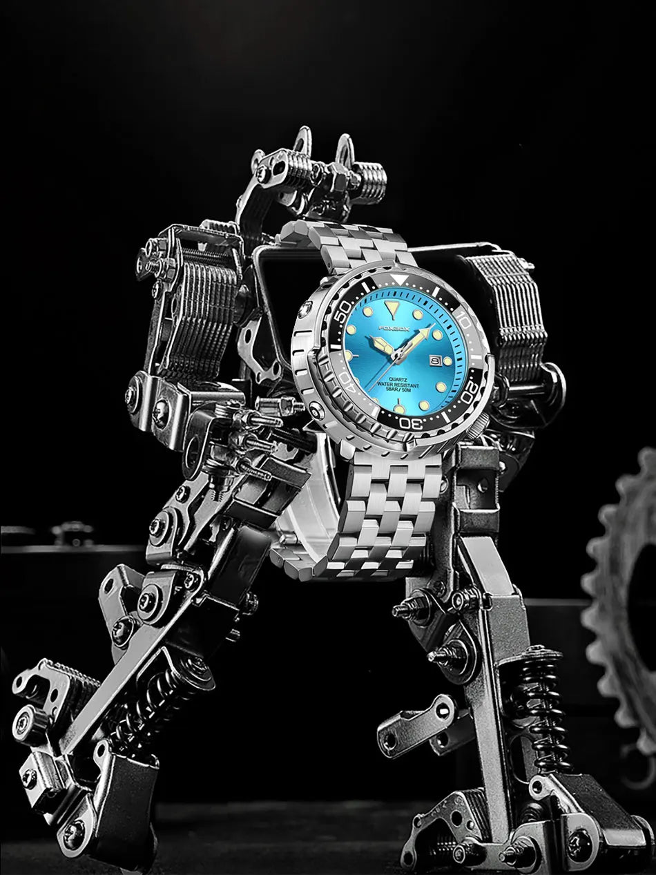 Montre homme FOXBOXE à quartz, style sport décontracté, étanche 5 ATM, avec affichage lumineux et lunette en acier, date.