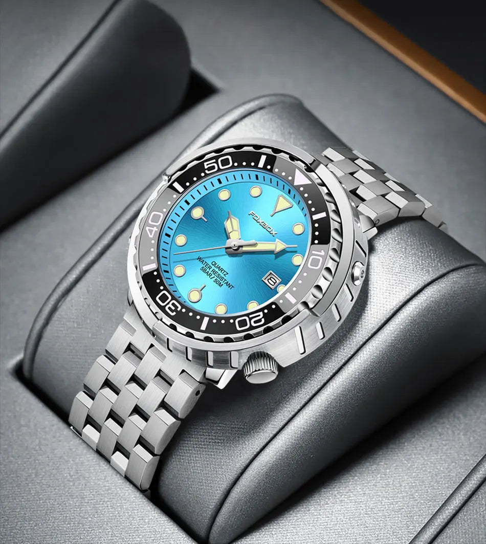 Montre homme FOXBOXE à quartz, style sport décontracté, étanche 5 ATM, avec affichage lumineux et lunette en acier, date.