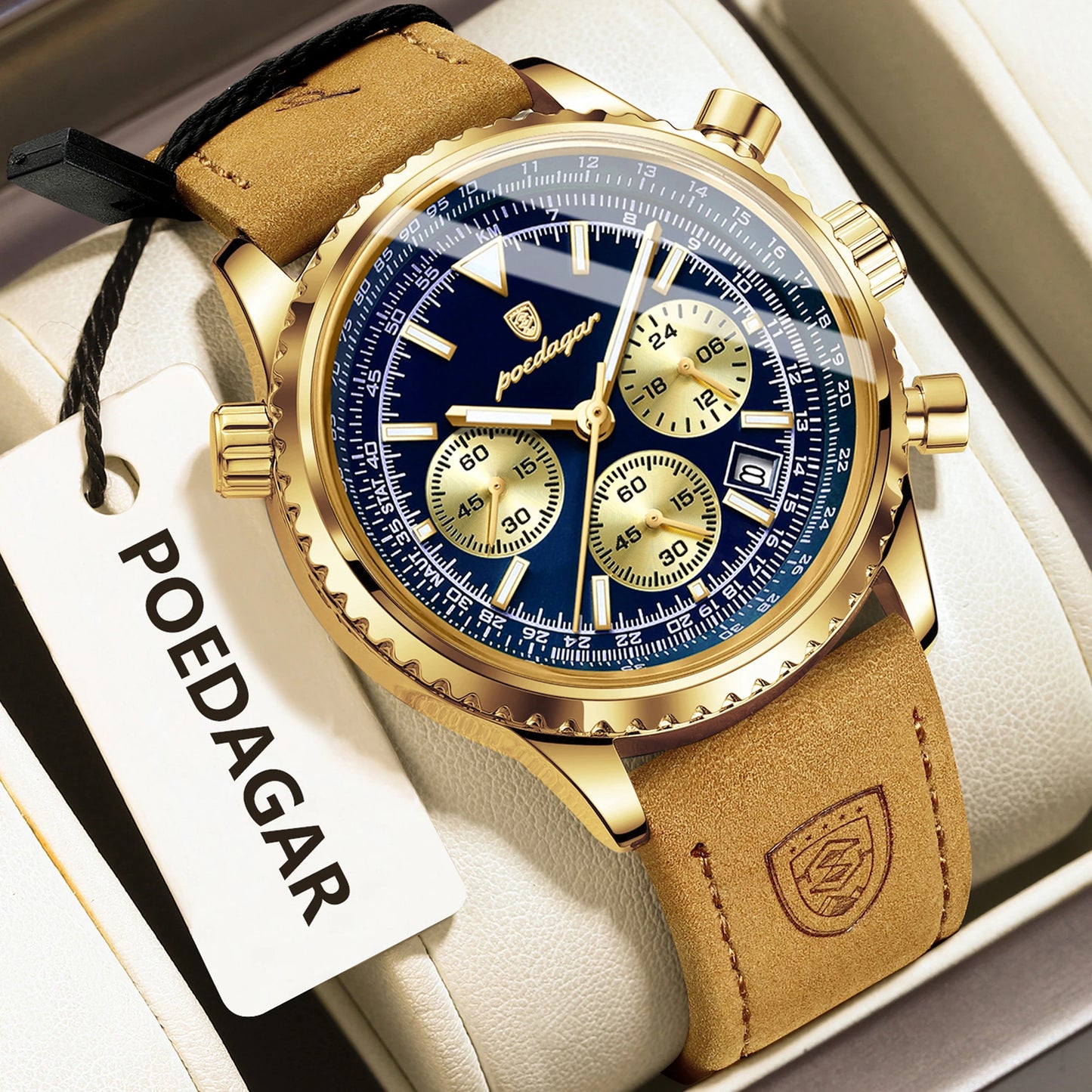 ساعة رجالية فاخرة من ماركة POEDAGAR مقاومة للماء ومضيئة وتاريخ كرونوغراف من الجلد ساعة رجالية كوارتز ساعات عمل أنيقة للرجال
