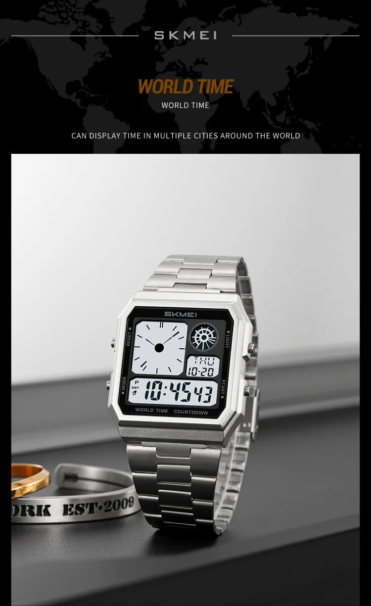 ساعة سكمي الإلكترونية الرقمية العالمية للرجال والنساء مقاومة للماء والرياضات الخارجية بسوار من الفولاذ المقاوم للصدأ ساعات يد للرجال