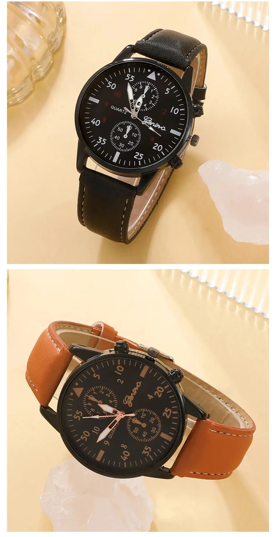 Men's Watch Set - Luxury Bracelet Brown Leather Quartz Watch Gift Set